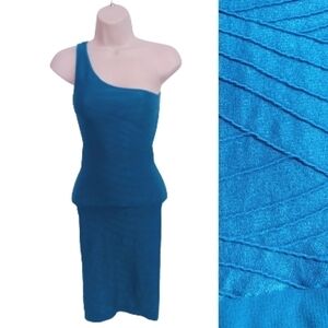 Bebe One Shoulder Bodycon Dress Aqua Knit Small